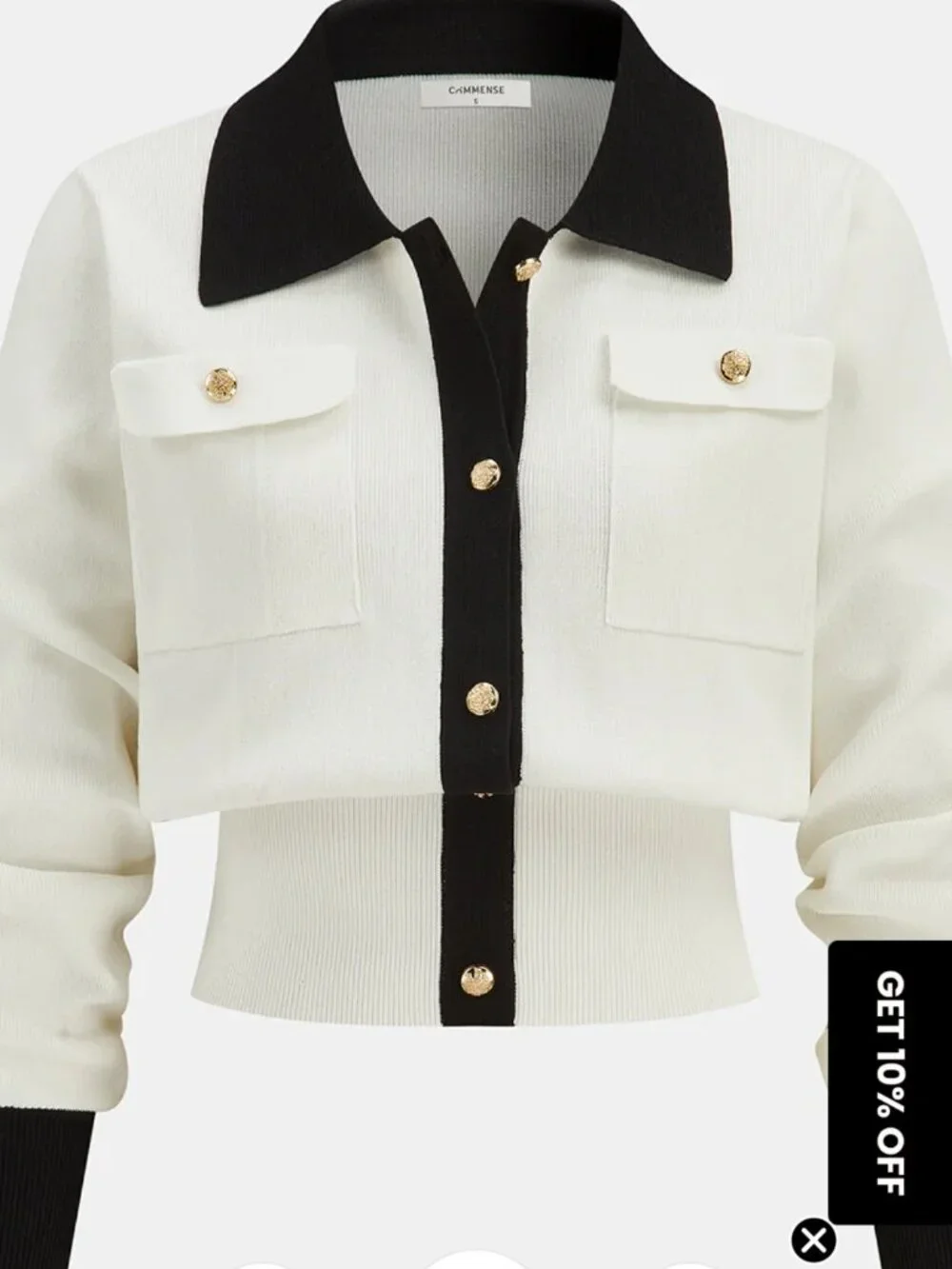 Commense  Metal Button Contrast Trim Knit Top Black & White Size L NWT - Picture 1 of 3